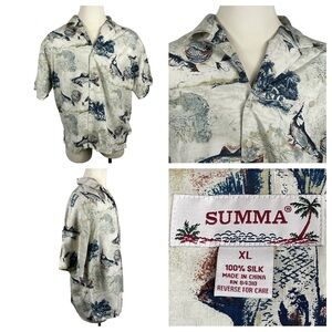 Men's Summa 100% Silk Fly Fishing‎ Theme Short Sleeve Button Down XL 0104